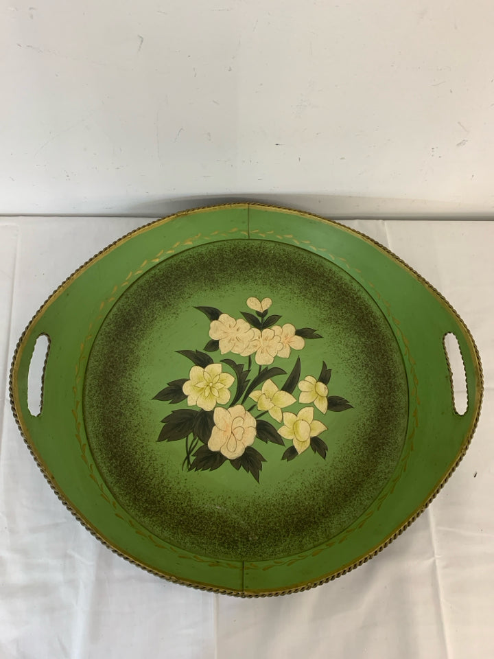 ROUND GREEN METAL TRAY W WHITE FLORAL.