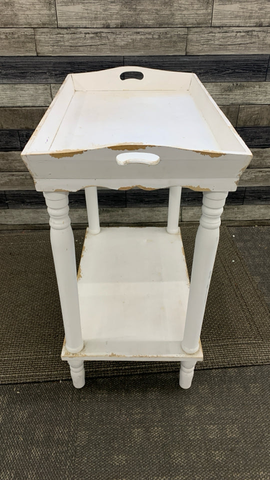 DISTRESSED WHITE TRAY-TOP END TABLE.