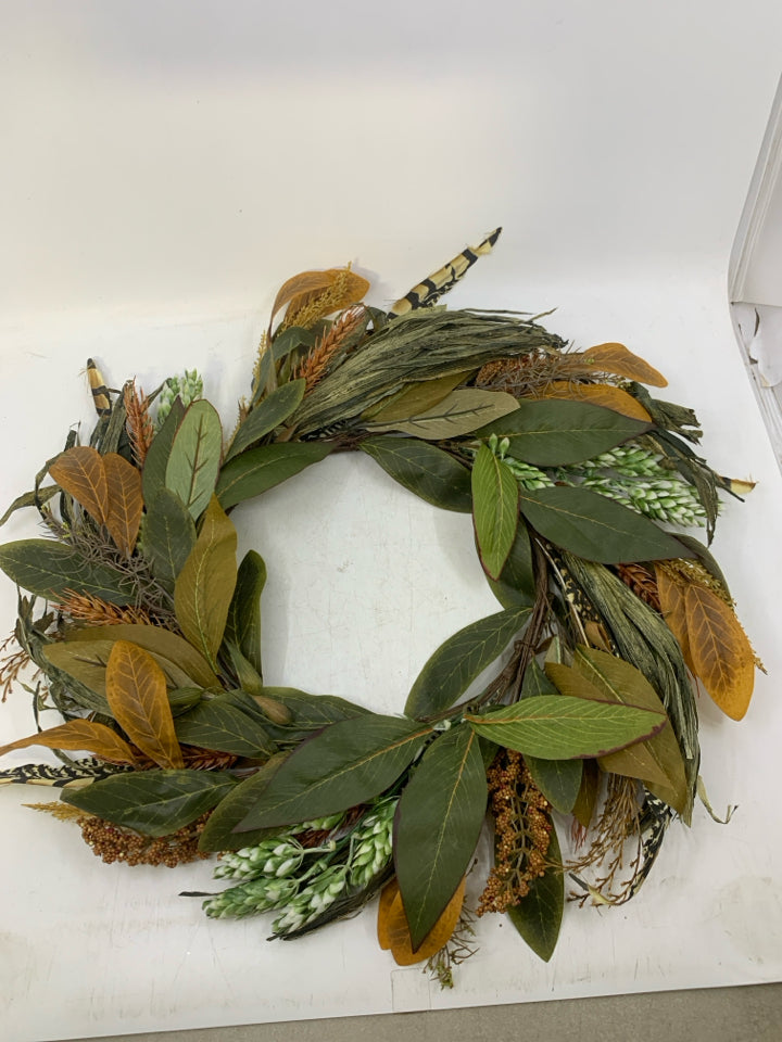 FAUX GREEN/ORANGE LEAVES + FEATHERS.