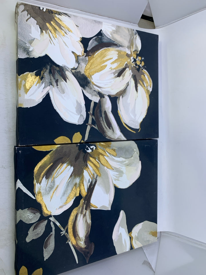 2 PC WHITE FLORAL CANVAS W/ TEXTURE GOLD DETAILS W/ BIRD.
