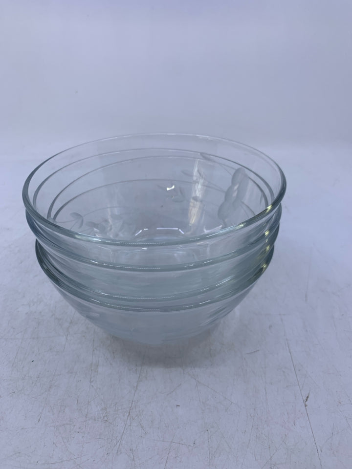 4 ETCHED CEREAL BOWLS.
