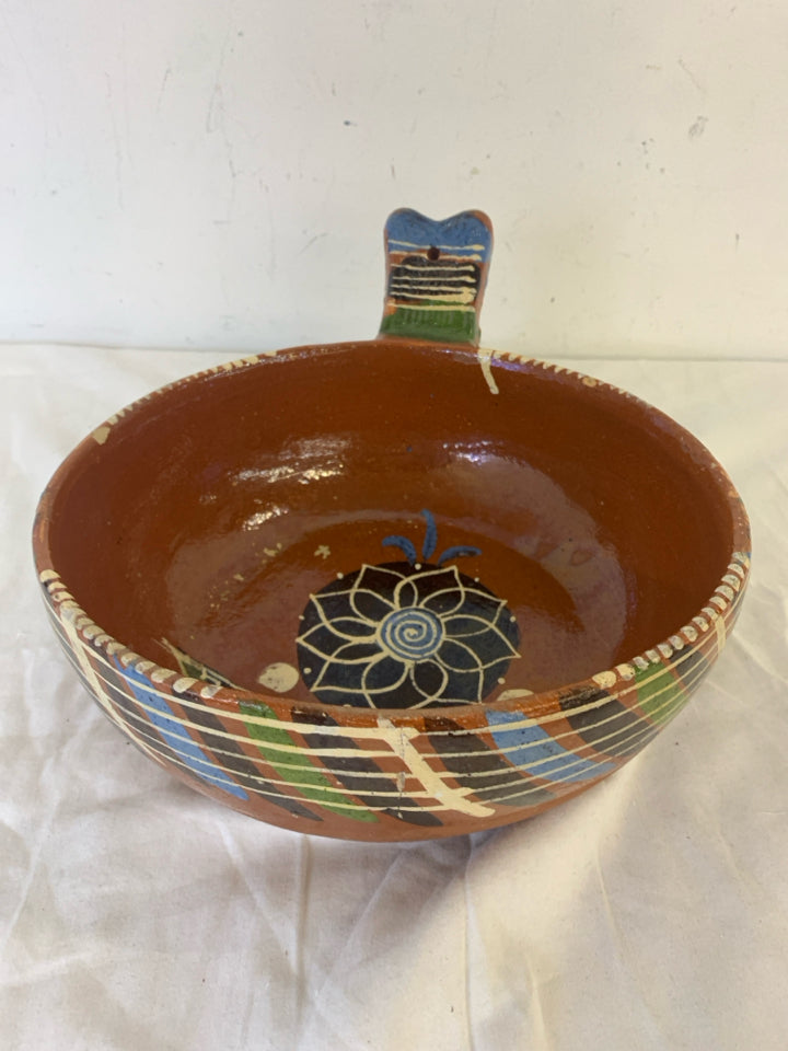 BLACK AND BLUE MEXICAN POTTERY BOWL W HANDLE.