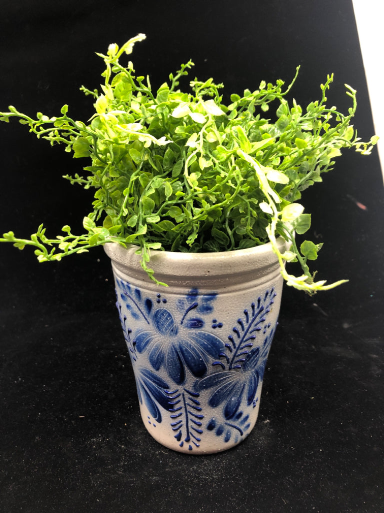 TALL BLUE GREY POTTERY PLANTER W FAUX GREENS.