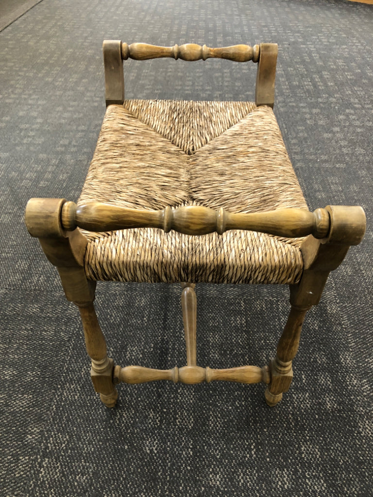 VTG STYLE WOODEN STOOL W/WOVEN SEAT.