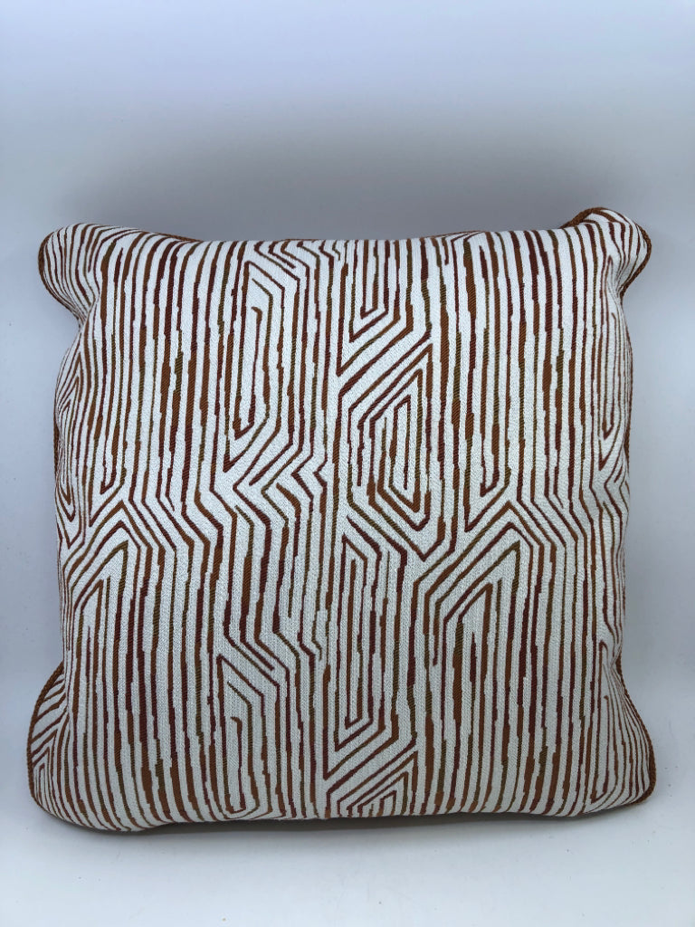 ORANGE PILLOW WHITE & YELLOW LINE DESIGN BLACK ZIPPER.
