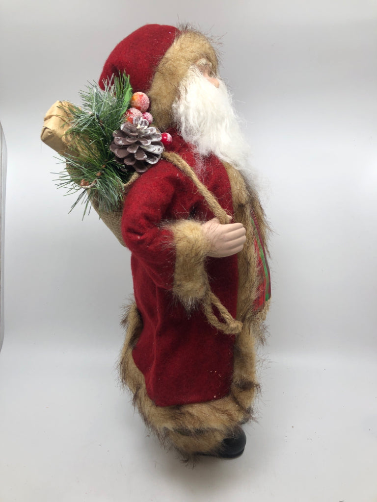 STANDING SANTA HOLDING BELL+SACK RED COAT,GREEN PANTS.