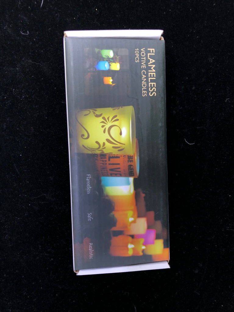 10PC FLAMELESS VOTIVE CANDLES IN BOX.