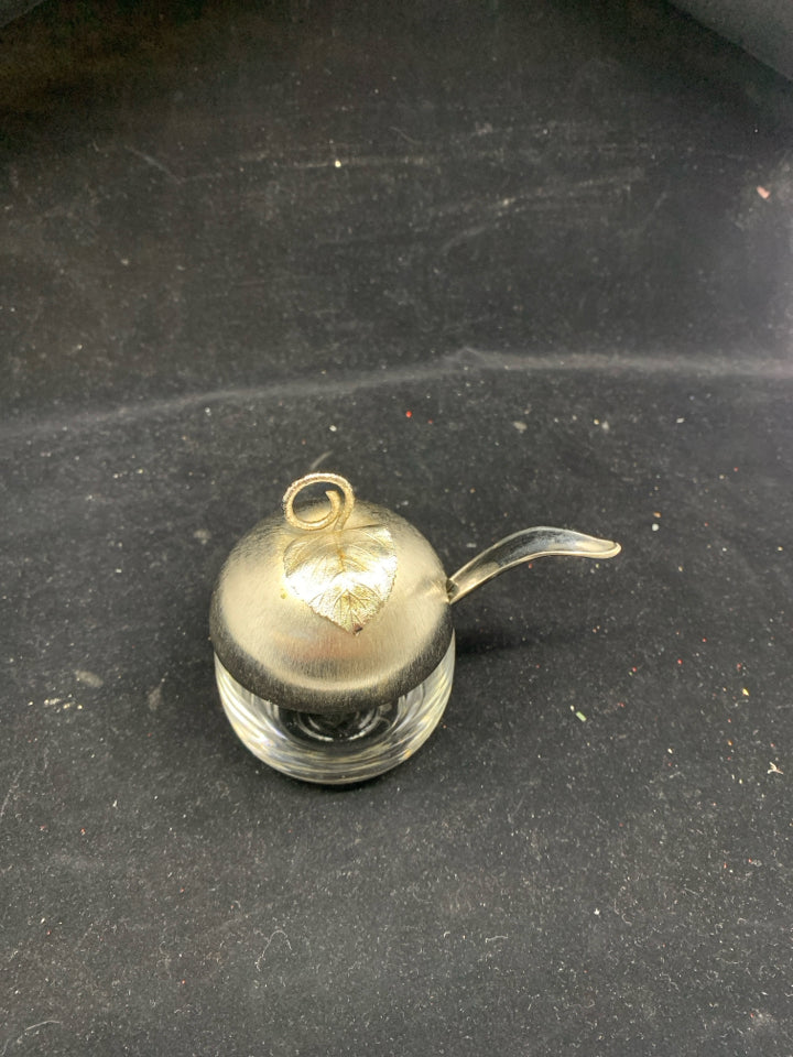 SMALL SILVER APPLE MUSTARD JAR W SPOON.