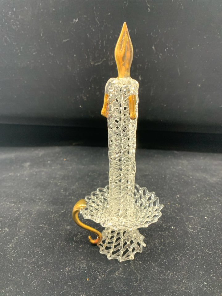 GLASS CANDLE STICK W/ GOLD FLAME.