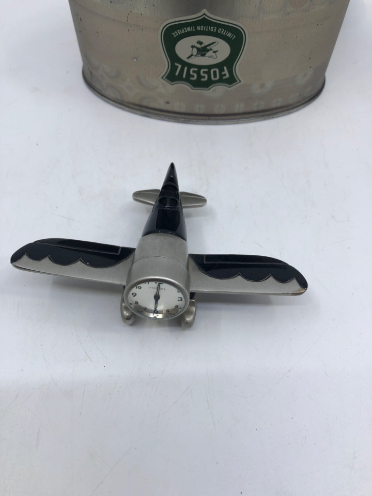 SMALL FOSSIL AIRPLANE DESK CLOCK- IN TIN.