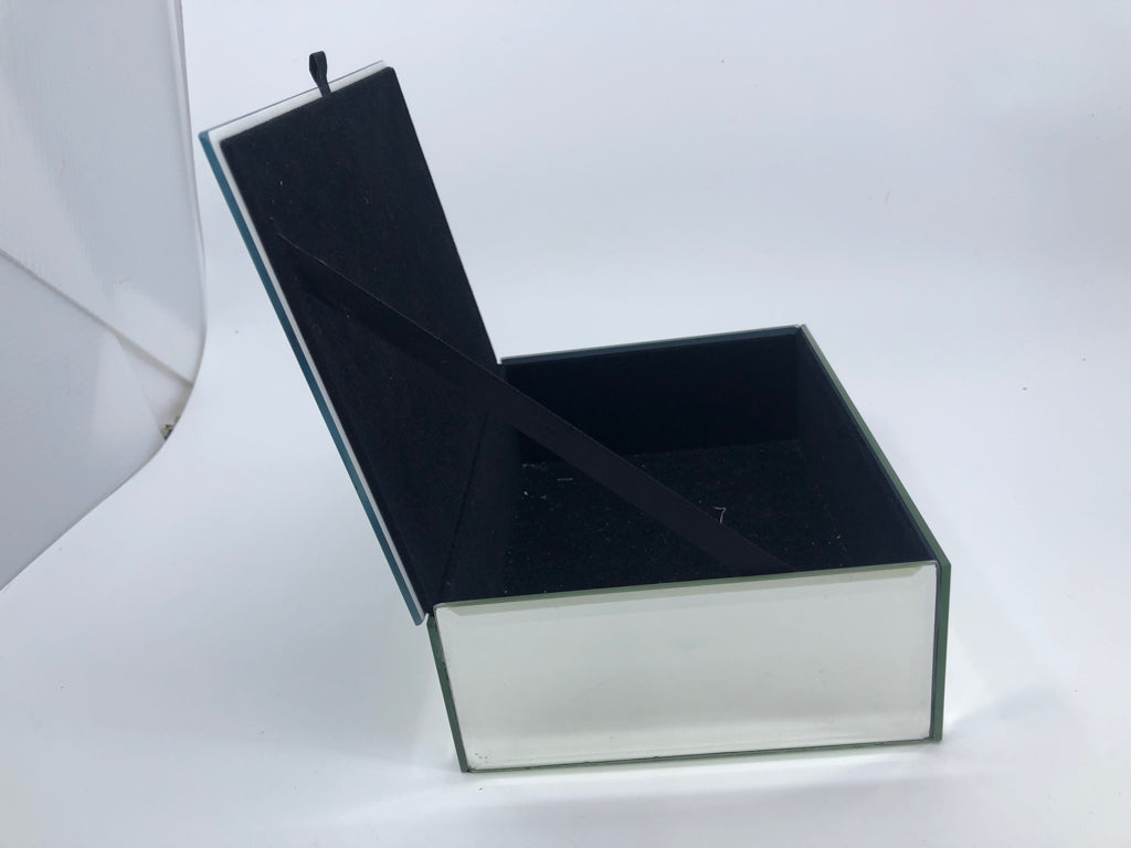 MIRRORED JEWELRY BOX W BLUE MARBLED TOP.