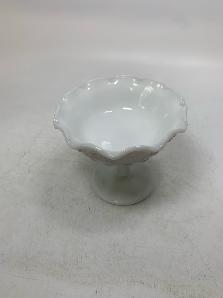 SMALL PEDESTAL BOWL EMBOSSED GRAPES RUFFLED EDGE.