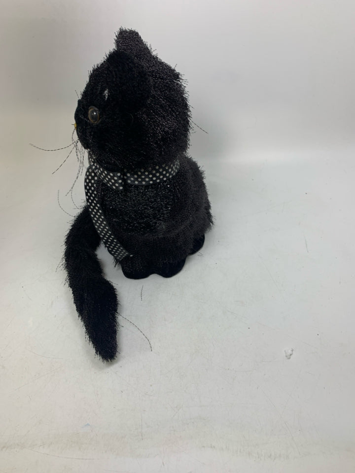 LIGHT WEIGHT SITTING FURRY BLACK CAT W/ RIBBON.
