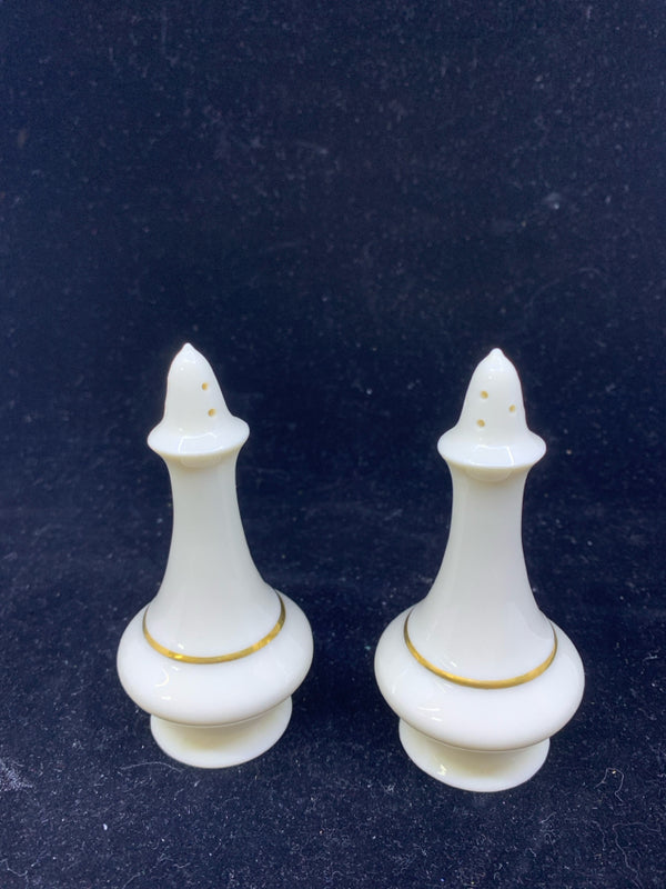 LENOX SALT + PEPPER SHAKERS WITH GOLD DETAIL.