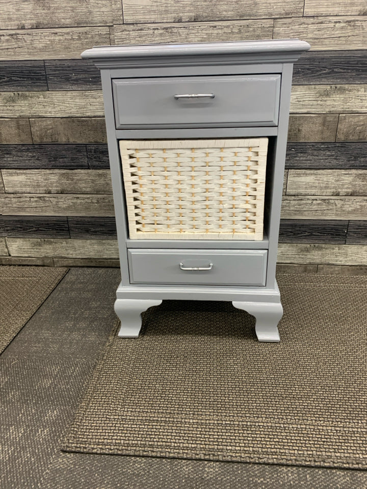 FOOTED GREY PAINTED NIGHT STAND W 2 DRAWERS AND WHITE BASKET.