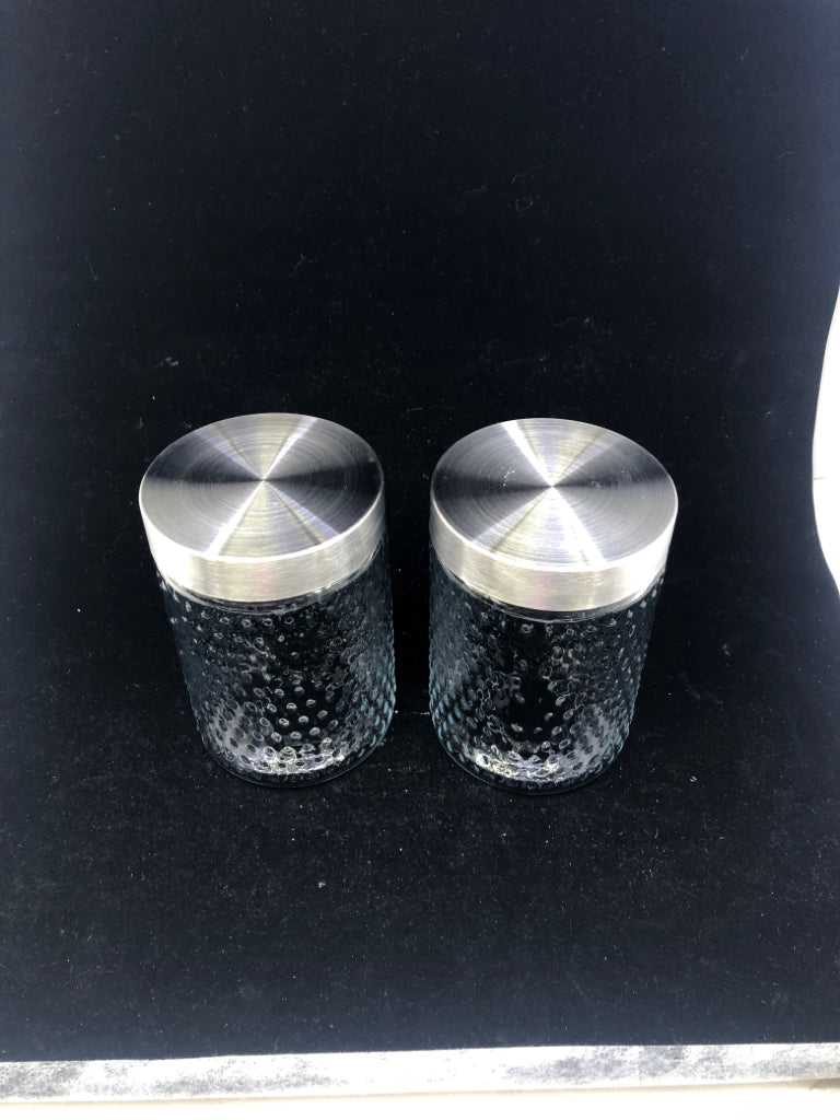 2 GLASS CANISTERS W/ EMBOSSED DOTS + METAL LIDS.