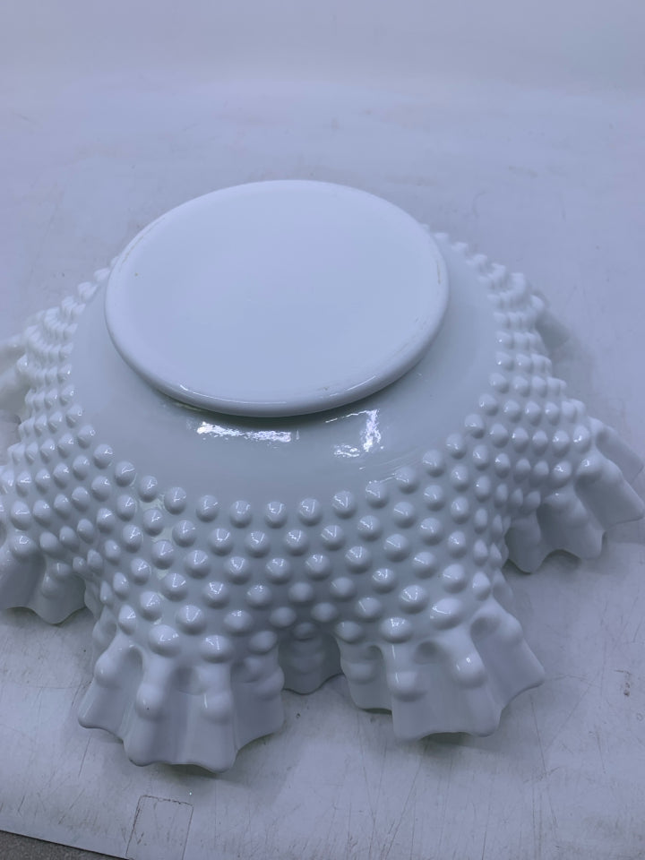 VTG MILK GLASS HOBNAIL CRIMPED RUFFLED EDGE BOWL.