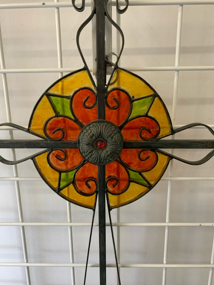 HEAVY METAL STAIN GLASS CROSS WALL SCONCE.