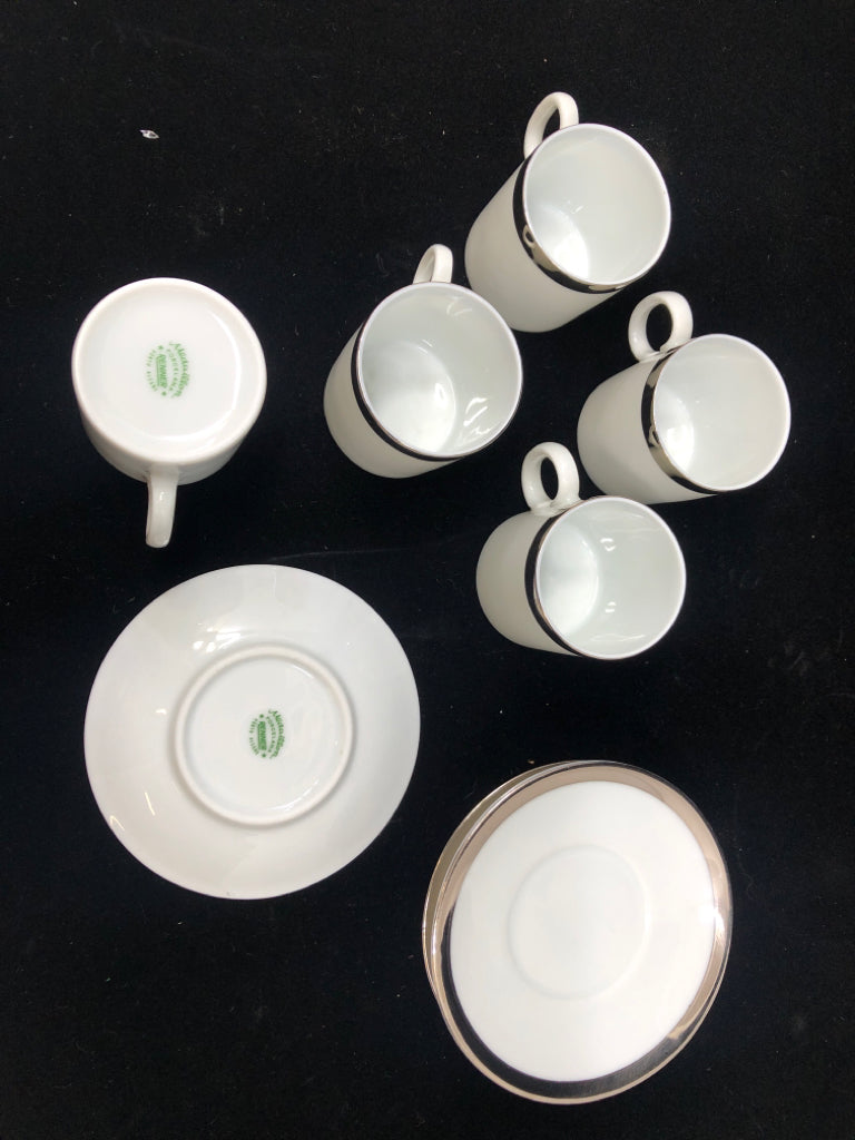 10 PC WHITE/SILVER ESPRESSO CUPS AND SAUCERS.