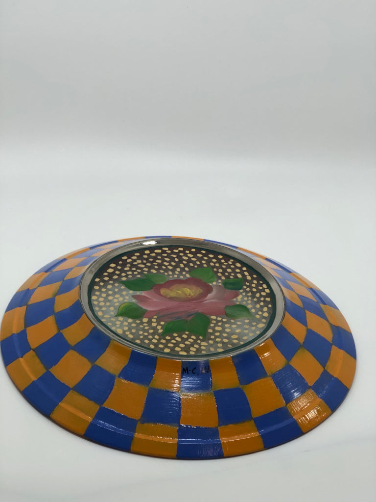 VTG MACKENZIE CHILDS CIRCUS ROSE FLORAL CHECK GLASS SERVER.