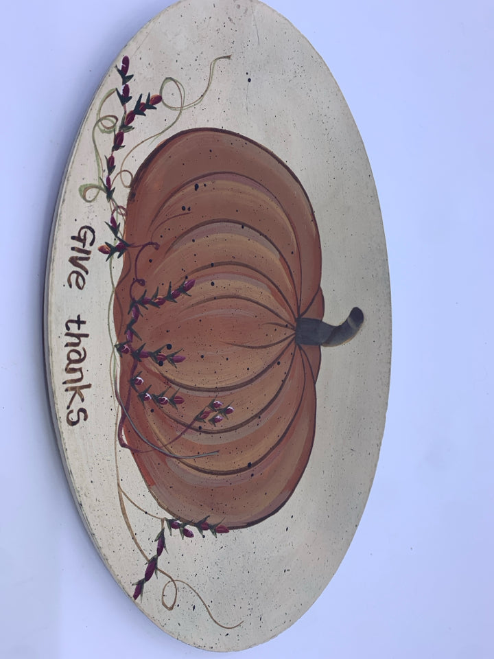GIVE THANKS PUMPKIN PAINTED PRIMITIVE PLATE.