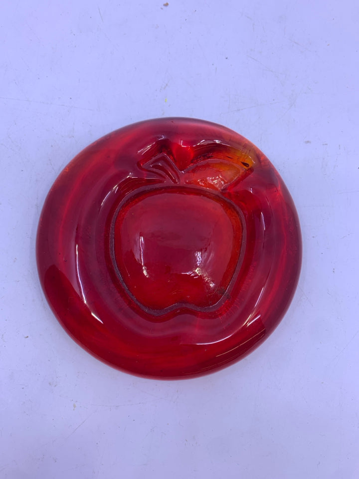 EMBOSSED RED ROUND APPLE PAPER WEIGHT.