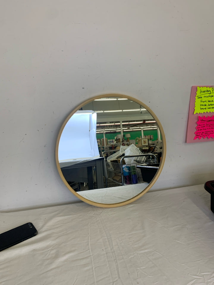 FAUX BLONDE WOOD HEAVY CIRCLE MIRROR.