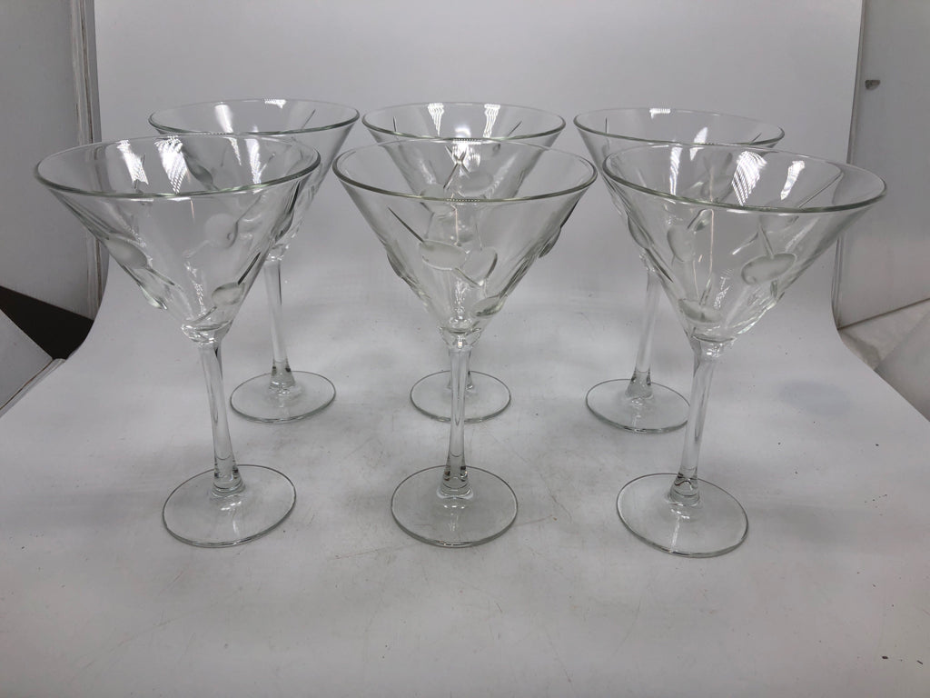 6 EMBOSSED OLIVE MARTINI GLASSES.