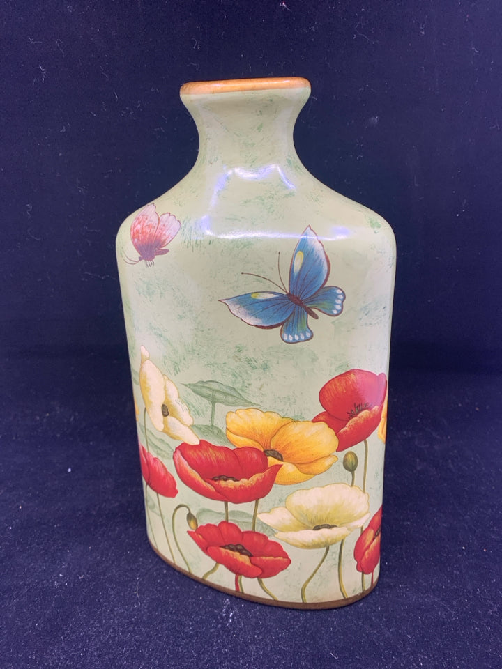 CERAMIC W/ RED+YELLOW FLOWERS GREEN BACKGROUND BLUE BUTTERFLY VASE.