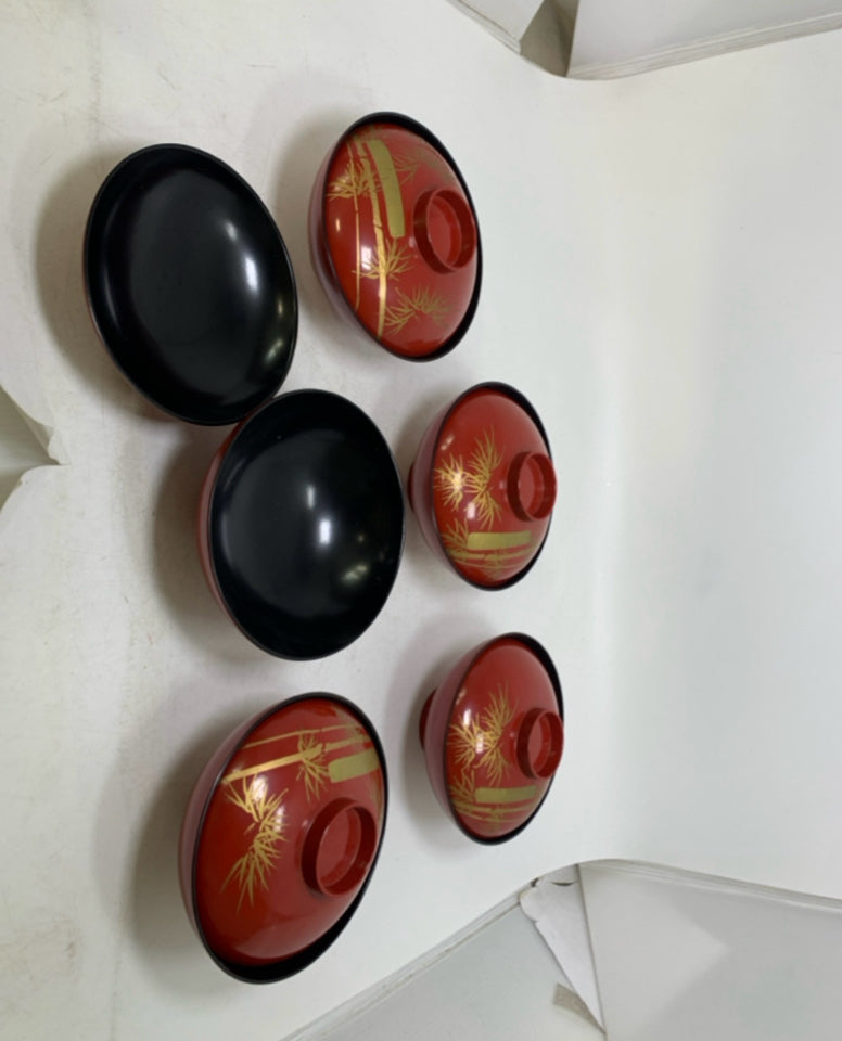 10 PC SVC 5 PLASTIC ASIAN STYLE LIDDED BOWLS W/ BAMBOO MOTIF.