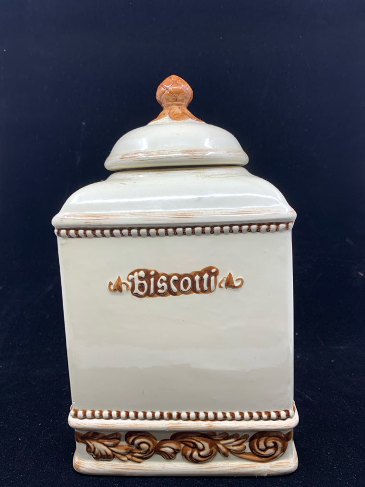 CREAM AND BROWN SCROLL PATTERN BISCOTTI COOKIE JAR.