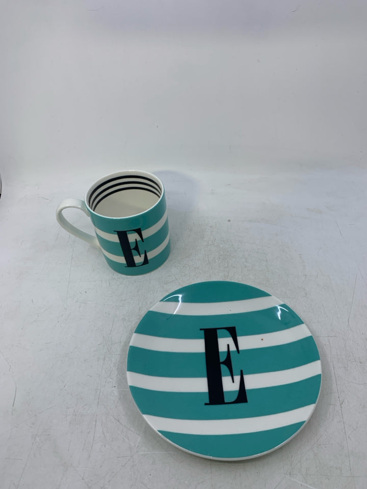 2 PC TEAL STRIPED MONOGRAM E MUG/PLATE LENOX.