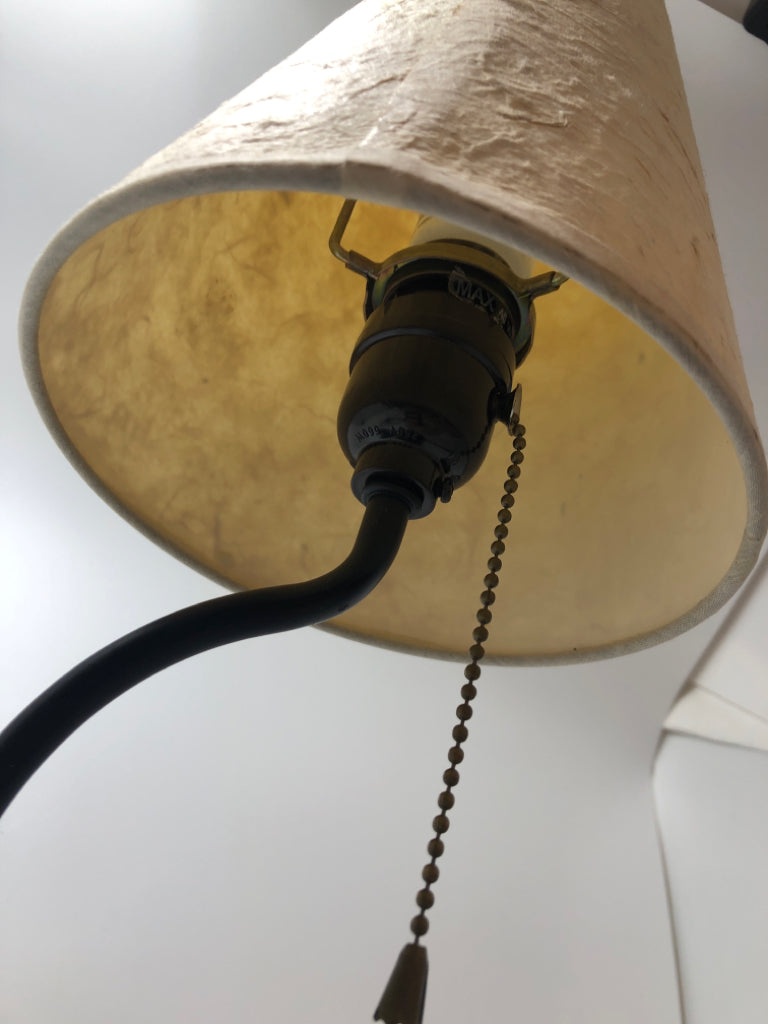 CURVED METAL LAMP W/FIBROUS SHADE.