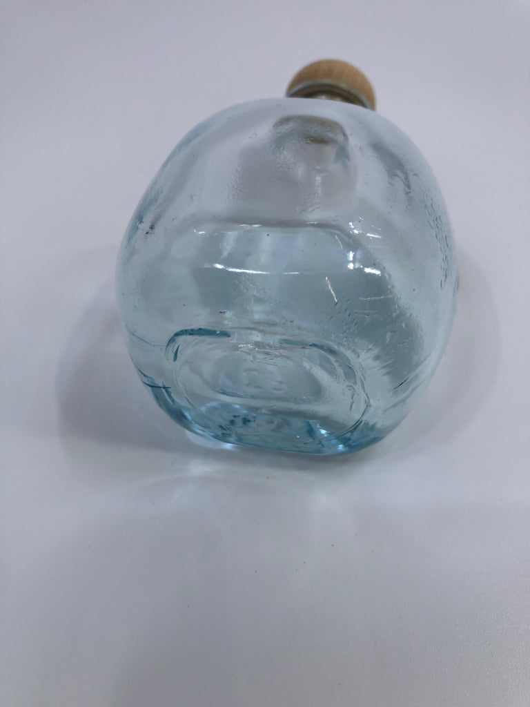 SM BLUE GLASS CONTAINER W/WOOD POP TOP.