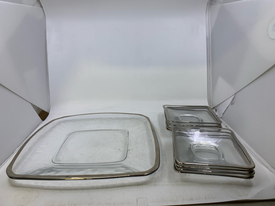 9 PC CLEAR GLASS SQUARE W/ SILVER RIM W/ LG SERVING PLATTER.