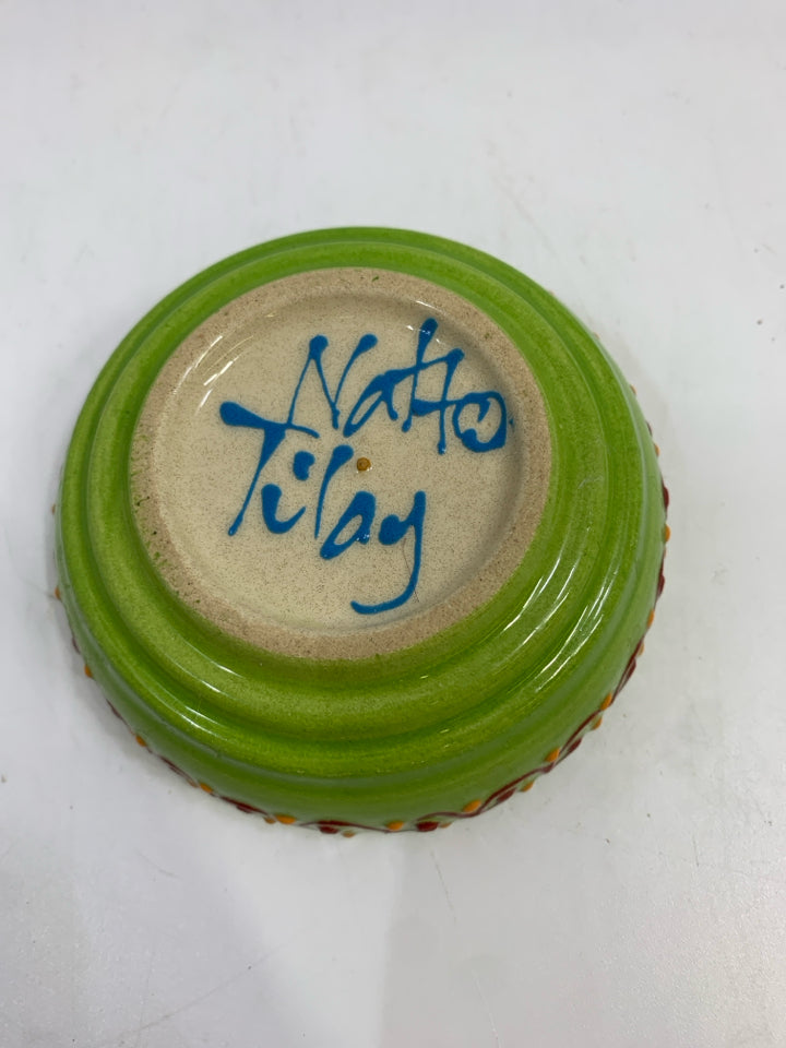 GREEN,RED&BLUE PAINTED SMALL CATCH ALL DISH.