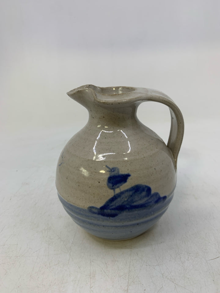 LIGHT GREY W/ BLUE BOTTOM PITCHER W/ SEAGULL ON ROCK.
