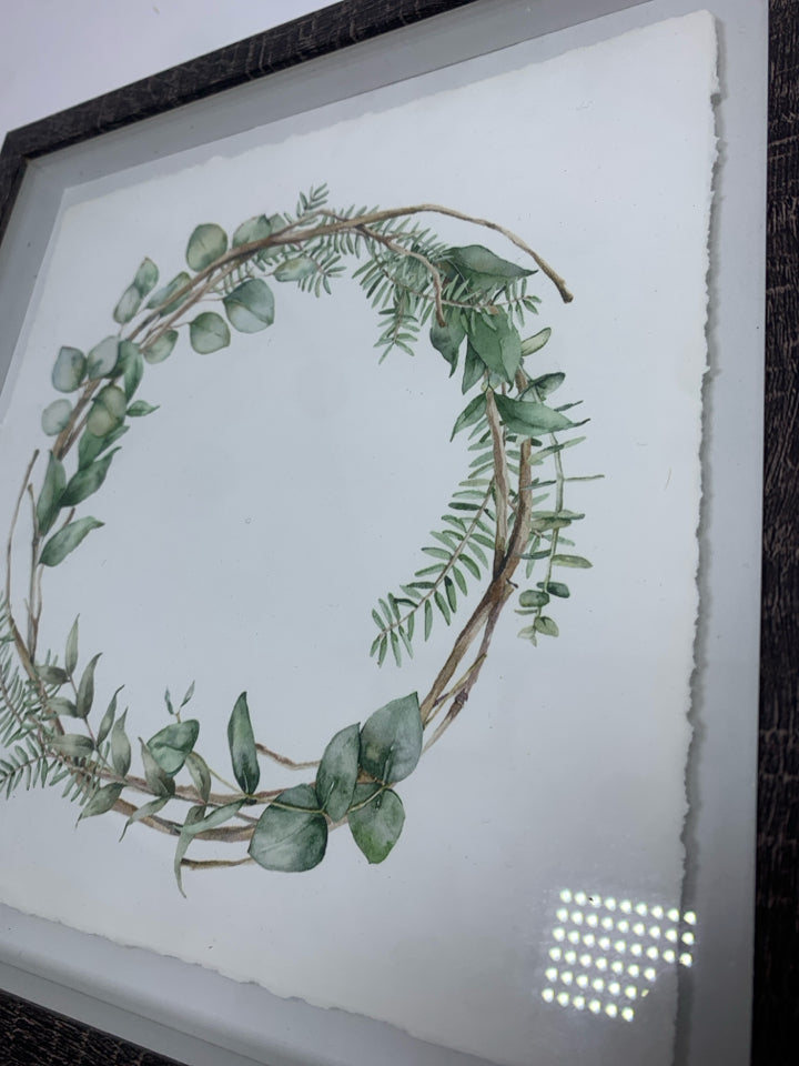 PAINTED WATERCOLOR WREATH IN GRAY FRAME.