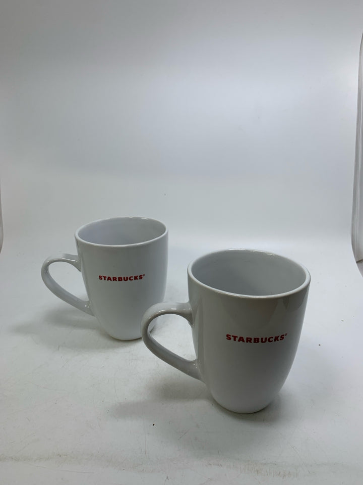 2 WHITE 2008 CERAMIC STARBUCKS MUGS IN RED WRITING.