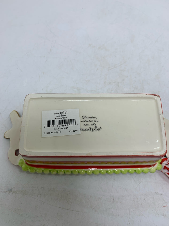 SMALL "ENJOY" MINI LOAF PAN STRIPED W/ GREEN BEADED EDGE MUDPIE.