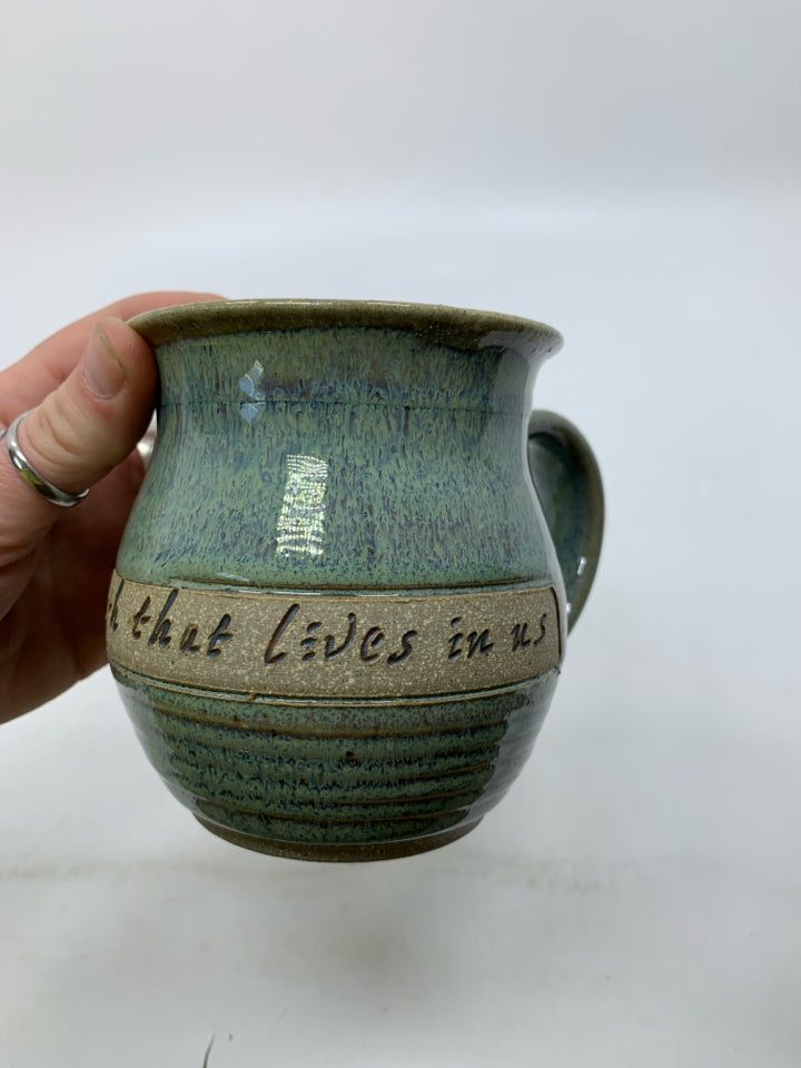 TEAL BLUE POTTERY BECAUSE OF THE TRUTH MUG.