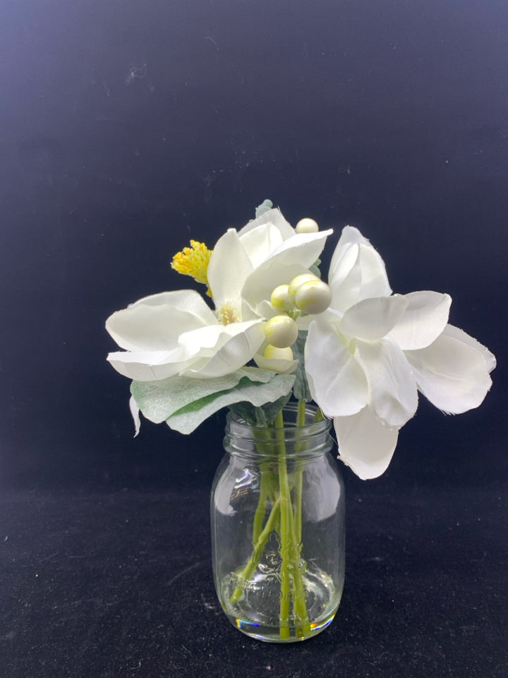 MASON JAR W/2 FAUX WHITE FLOWERS IN FAUX WATER.