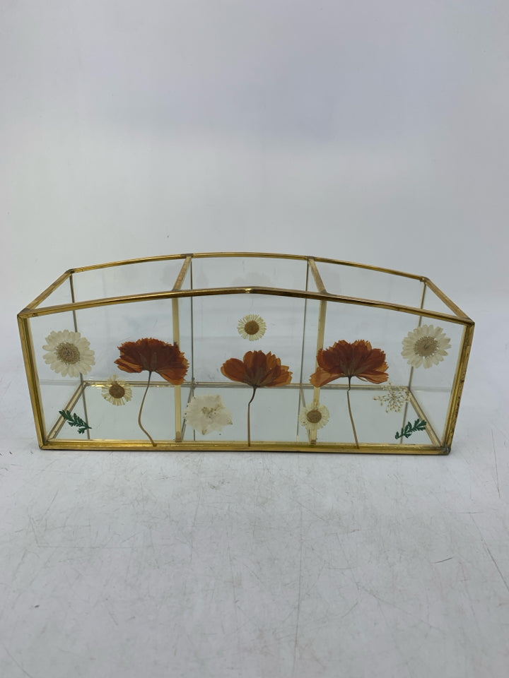 DIVIDED GLASS GOLD METAL ORGANIZER W/ PRESSED FLOWERS.