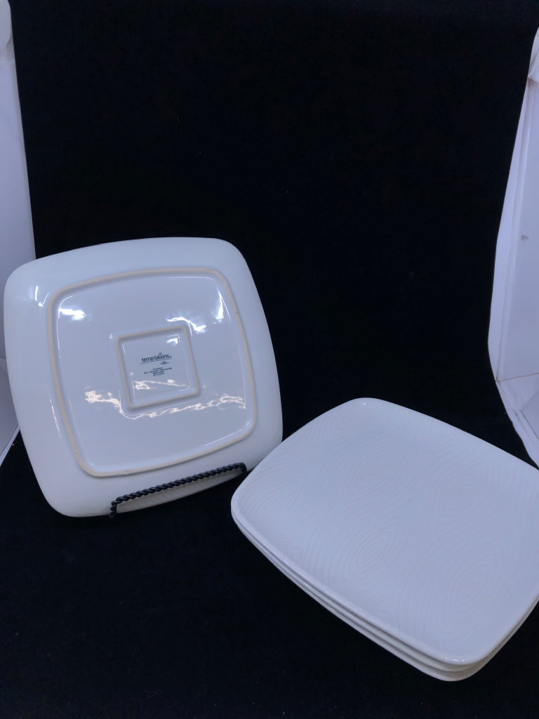 4 TEMPTATIONS WHITE SWIRL PORCELAIN DINNER PLATES.