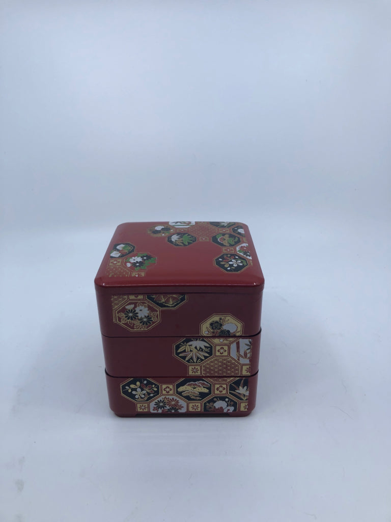 3 RED ASIAN STYLE STACKING BOXES W LID.