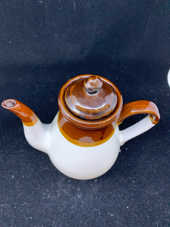 VTG PALE GREY COFFEE POT-W BROWN RIM.