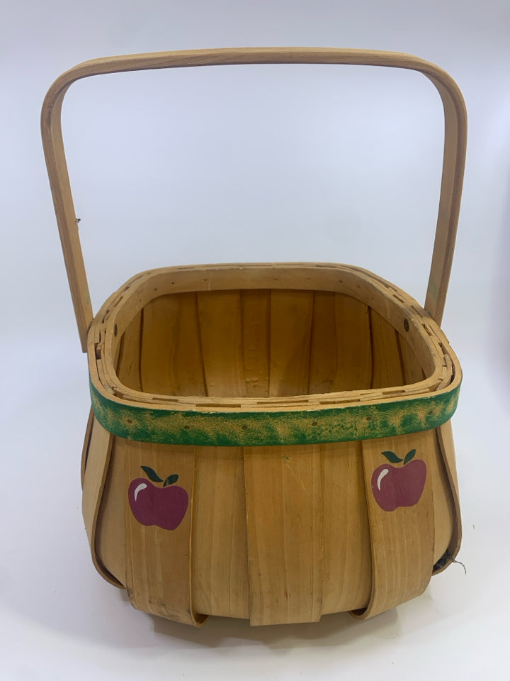 APPLE PAINTED WOOD BASKET W/HANDLE.