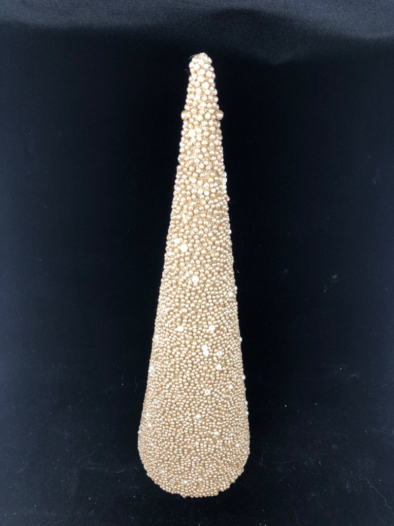 GOLD AND WHITE PEARL BEADED CONE TREE.