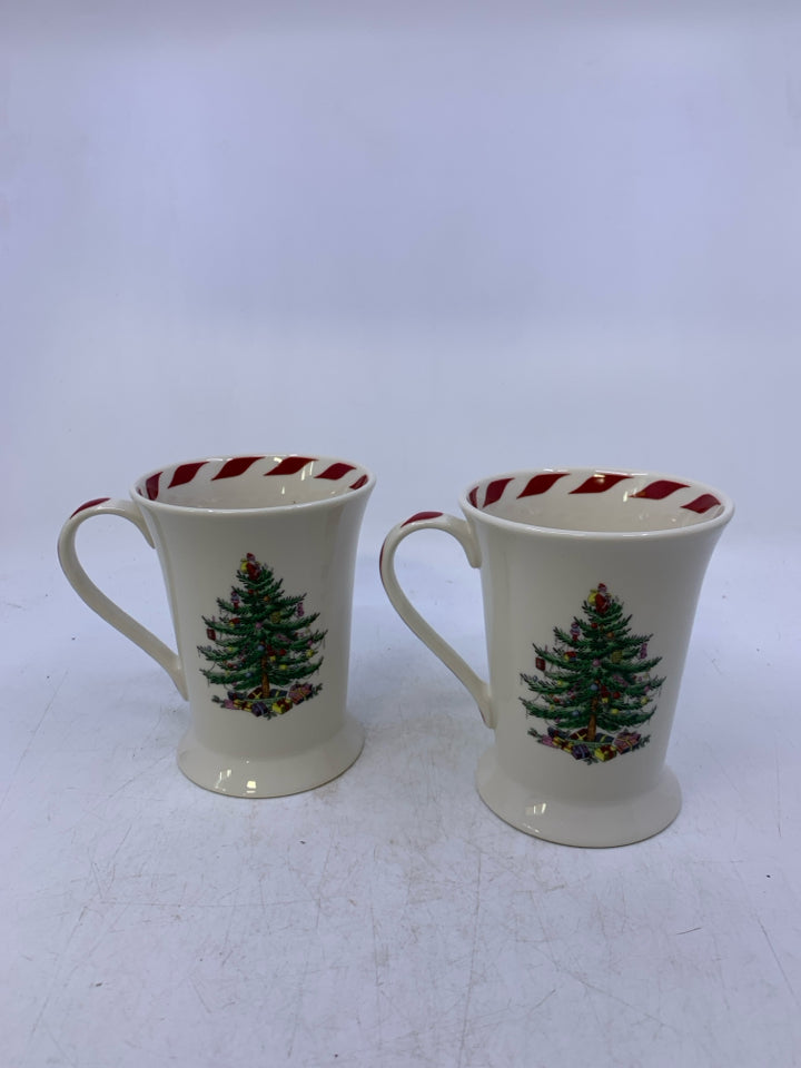 2 SPODE CHRISTMAS TREE FOOTED MUGS.