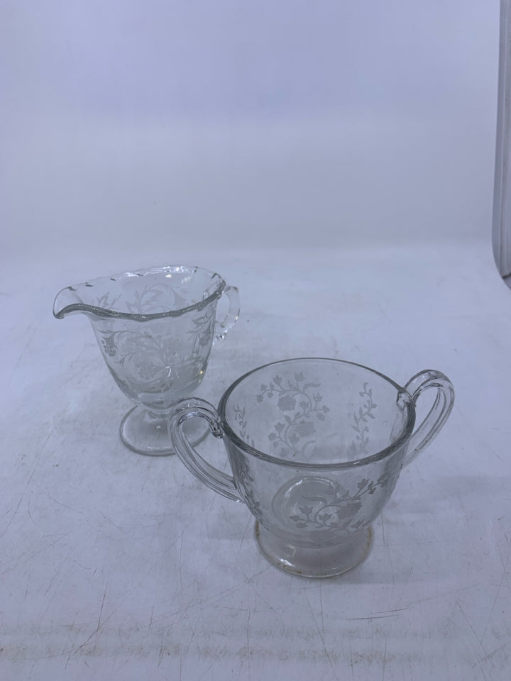 2PC VTG ETCHED GLASS CREAM + SUGAR BOWL